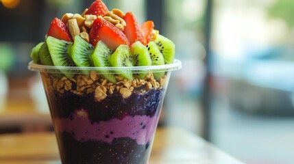 Wall Mural - AÃ§aÃ­ bowl topped with fresh fruit, nuts, and granola in a clear plastic cup.