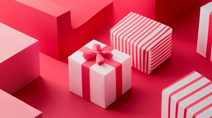 Red and white gift boxes with bow on vibrant red background