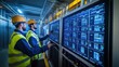 © Thitiwadee - Smart Grids and Sustainable Energy Storage, Engineers inspecting battery storage units in a facility, with digital monitors displaying real-time data from a smart grid