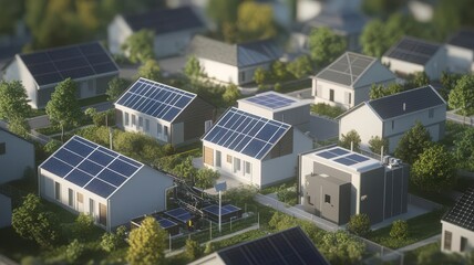 Smart Grids and Sustainable Energy Storage, A neighborhood with rooftop solar panels feeding into a smart grid, connected to a central energy storage hub