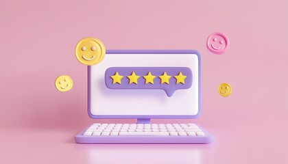 Poster - A colorful illustration of a computer screen displaying a five-star review, surrounded by cheerful emojis on a soft pink background.