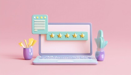 Poster - A pastel-themed laptop displaying a five-star rating, accompanied by colorful stationery, creating a cheerful and modern workspace vibe.