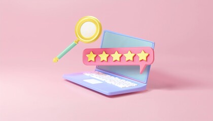 Poster - A whimsical laptop illustration with a magnifying glass and a speech bubble displaying five stars, symbolizing positive reviews and online feedback.