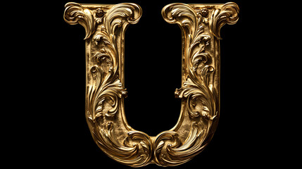 Wall Mural - alphabet letter u with metallic gold or brass texture isolated on black background, baroque style fo