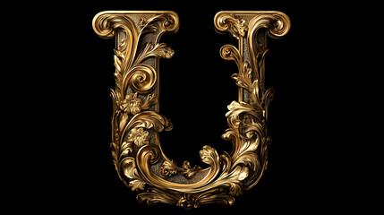 Wall Mural - alphabet letter u with metallic gold or brass texture isolated on black background, baroque style fo