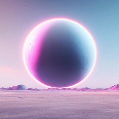 Poster - A glowing sphere hovers above a pink desert landscape with two hills in the background.