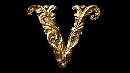 Wall Mural - alphabet letter v with metallic gold or brass texture isolated on black background, baroque style fo