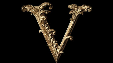 Wall Mural - alphabet letter v with metallic gold or brass texture isolated on black background, baroque style fo