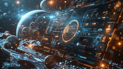 Poster - futuristic spaceship control panel is displaying data and monitoring planets in space, showcasing ad