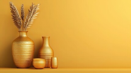 Poster - A minimalistic arrangement of golden vases and a bowl against a bright yellow background, featuring dried wheat for a warm, elegant touch.
