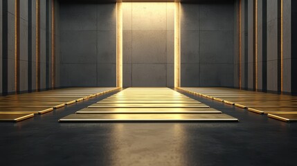 Poster - A dimly lit corridor leading to a bright golden doorway, flanked by polished surfaces, creating a sense of mystery and anticipation.