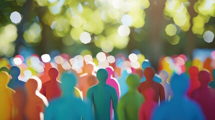 Poster - A cluster of 3D figures symbolizing diversity against a softly blurred university campus backdrop, Representing inclusivity in higher education, photography style
