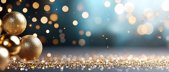 Wall Mural - Golden glitter shiny sequins and sparkling bokeh lights on a dark background create a magical festive atmosphere perfect for holiday New Year s events