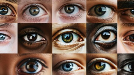 Poster - A collage of eyes in different hues and shapes, Reflecting the importance of perspective and empathy in inclusive environments, photography style