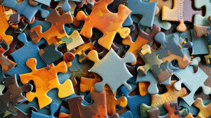 Poster - A collection of differently sized and shaped puzzle pieces interlocking seamlessly, Symbolizing the unity and strength found in diverse perspectives, photography style