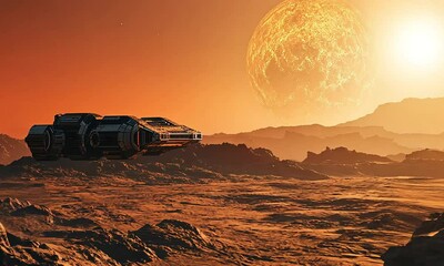 Sticker - Spaceship Flying Over Alien Desert Landscape at Sunrise with ai generated.
