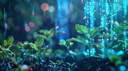 Poster - Beams of light shining on small green plants growing in dark soil, symbolizing innovation in agriculture and future technologies for sustainable farming
