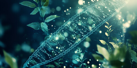 Poster - DNA in Nature: A mesmerizing depiction of a DNA helix, a symbol of life's code, intertwined with lush foliage and shimmering particles, suggesting the interconnectedness of nature and science.