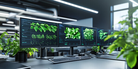 Poster - Modern Tech Hub:  A sleek and futuristic workspace with multiple computer screens displaying complex data visualizations, reflecting innovation, technology, and progress.