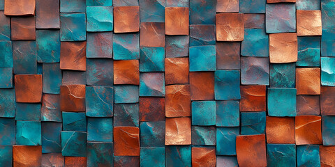 Poster - Abstract Copper and Teal Square Tiles Wall Art Texture Background  