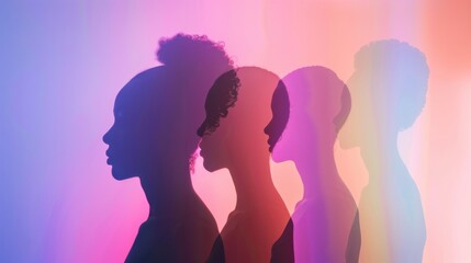 Poster - A conceptual image of diverse human silhouettes merging into one another against a gradient background, Illustrating unity in diversity, photography style