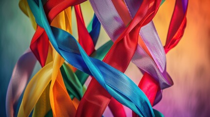 Poster - A conceptual image of diverse ribbons weaving into a unified tapestry against a gradient backdrop, Signifying unity in diversity, photography style