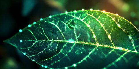 Sticker - Glowing Leaf: An abstract close-up of a single leaf, its veins illuminated with a vibrant green glow, a mesmerizing interplay of light and nature. 