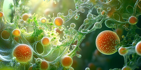 Poster - cellular symphony: an abstract microscopic view of vibrant cells interacting, showcasing intricate d