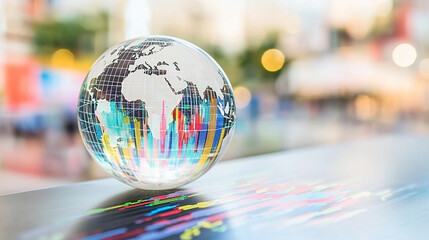 Poster - A glass globe with a world map and colorful lines on a table with a blurred city background.