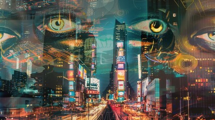 Poster - A digital artwork blending cultural symbols into a futuristic cityscape, Symbolizing cultural integration and progress, photography style
