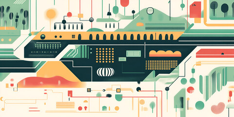 Poster - Abstract Tech Landscape: A vibrant and intricate illustration of a futuristic cityscape, with geometric shapes and lines representing the interconnectedness of technology and innovation. 