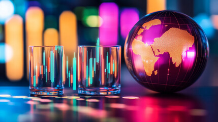 Poster - A globe sits next to three glasses with colorful charts reflected in them, with a blurred background of colorful vertical lines.