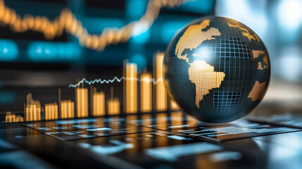Poster - A globe sits on a screen with a financial chart behind it.