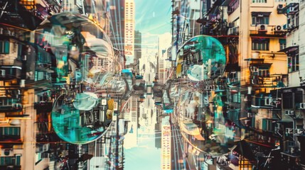 Poster - A digital artwork merging cultural symbols into a futuristic cityscape, Symbolizing the integration and harmony in urban diversity, photography style