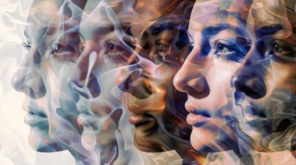 Poster - A digital collage of diverse faces morphing into one another, Illustrating the fluidity and unity in human diversity, photography style