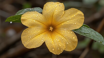 Wall Mural - A single yellow flower with water droplets on its petals.