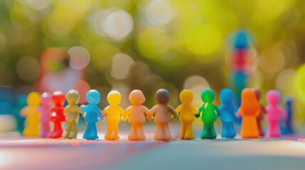 Poster - A diverse group of 3D figures symbolizing inclusion against a softly blurred playground backdrop, Reflecting harmony in childhood diversity, photography style