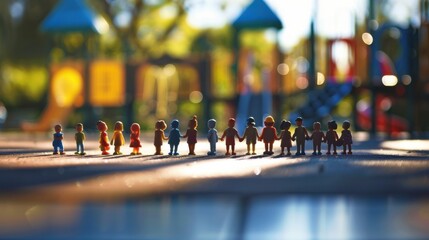 Poster - A diverse group of 3D figures symbolizing inclusion against a softly blurred playground backdrop, Reflecting harmony in childhood diversity, photography style