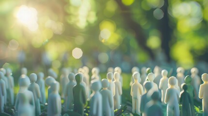 Poster - A diverse group of 3D figures symbolizing unity against a softly blurred city park backdrop, Reflecting inclusivity in urban green spaces, photography style