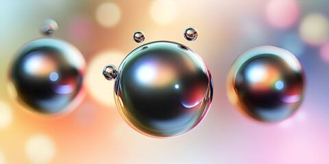 Poster - Chromatic Spheres: A captivating abstract image with a cluster of iridescent spheres, reflecting the vibrant hues of the bokeh background. The spheres shimmer with a captivating allure.