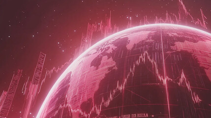 Poster - A glowing red globe with financial charts surrounding it, symbolizing global market trends.