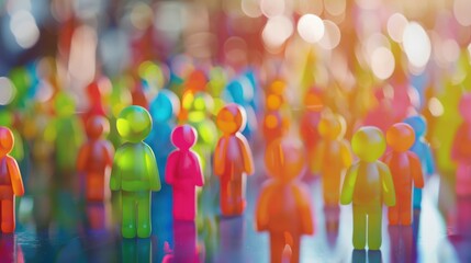 Poster - A diverse group of 3D figures symbolizing unity against a softly blurred community center backdrop, Reflecting inclusivity in local outreach, photography style