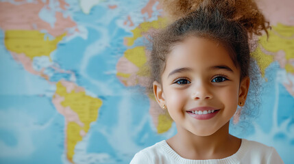 Smiling child poses joyfully in front of a colorful world map, symbolizing curiosity and the joy of learning about global cultures.