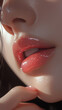 © Ashy studio - Close up of asian young woman lips with hand finger touch her pink lip gloss with manicure background. cosmetic beauty products makeup advertising fashion lipstick and nail polish luxury poster