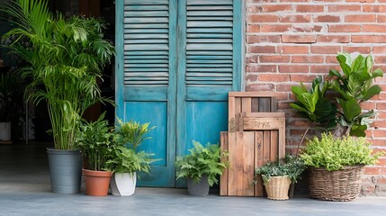 Sticker - A row of potted plants stand in front of a blue wooden door and a brick wall.