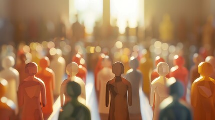 Poster - A group of 3D models depicting diverse religious beliefs against a softly blurred sacred site, Celebrating inclusivity in spiritual spaces, photography style