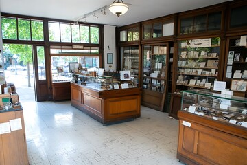 A vintage shop interior with wood counter and shelves, filled with various items.