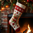 © Wuttichai - Embroidered holiday stocking graced by christmas decor and a cozy fireplace ambiance, photography of christmas concept.