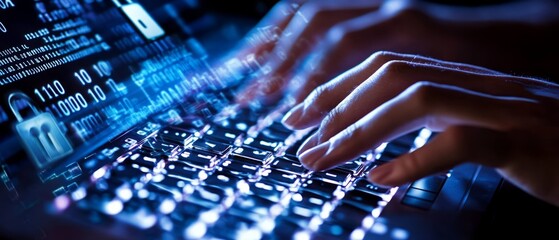 A close-up of hands typing on a laptop keyboard, surrounded by digital padlock icons and binary code in the background, symbolizing data security.