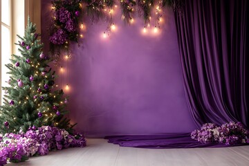 Wall Mural - Purple wall with curtain and christmas tree, led lighting and flowers, a purple background for a photo shoot or backdrop